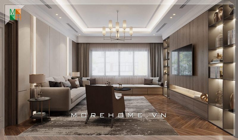 Một mẫu thiết kế phòng khách hiện đại với nội thất gỗ óc chó đẹp và sang trọng được áp dụng cho các căn hộ, nhà phố và biệt thự.